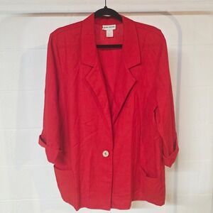 70s ALICE STUART Festive Red Blazer Jacket 3/4 Sleeve Wood Button XL Lightweight